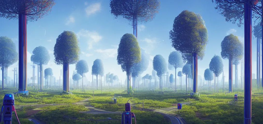 Image similar to futuristic solarpunk park, bright blue skies, towering digital trees sci - fi, digital art by beeple and simon stalenhag