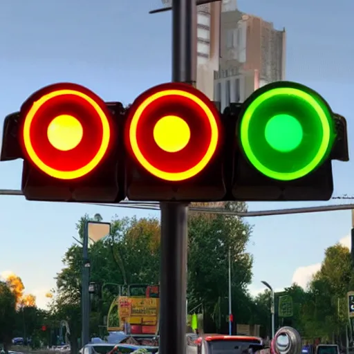 Image similar to a realistic photo of traffic light that uses portals from the video game portal 2 to control traffic at an intersection