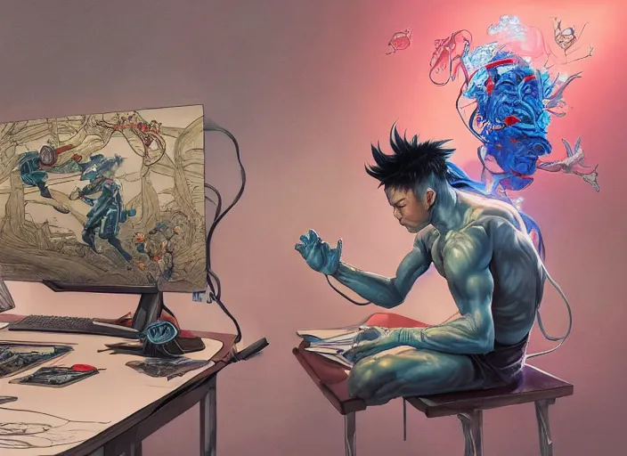 Image similar to an insanely detailed painting of an asian man wearing a homemade superhero costume, sitting at a desk, staring seriously at the computer and typing, in the style of peter mohrbacher, james jean, artgerm, dramatic lighting and composition, surreal background, octane render, pixar, trending on artstation, concept art, comic book, view from behind, 8 k