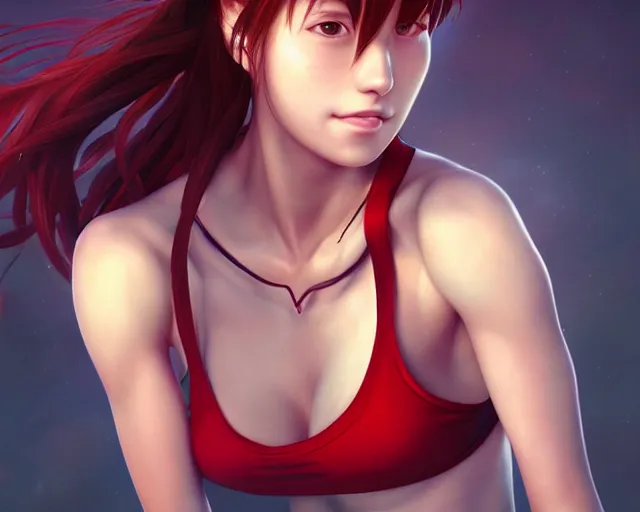 Prompt: beautiful portrait of Makise Kurisu, sports bra, red braided hair, by charlie bowater, ross tran, artgerm, and makoto shinkai, detailed, soft lighting, rendered in octane