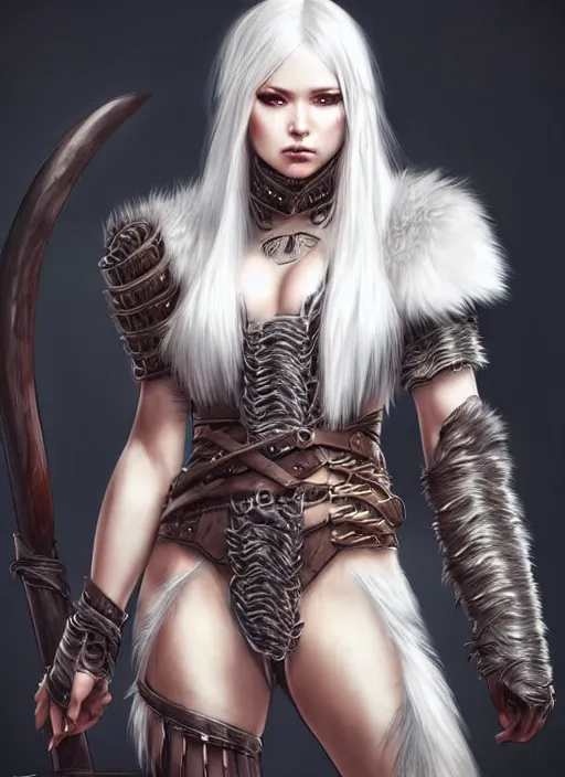 Image similar to barbarian, fur leather armor!!! beautiful and elegant white hair female!! gorgeous ayes!! character concept art, sharp focus, octane render! unreal engine 5! highly rendered!! trending on artstation!! detailed linework!! illustration by artgerm, wlop, and chie yoshii