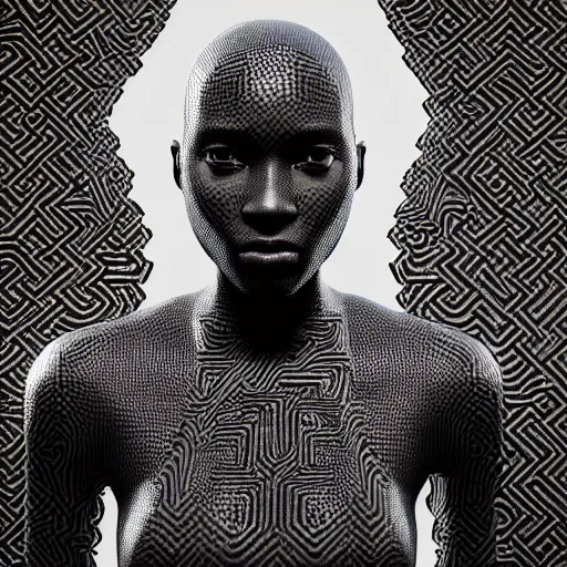 Image similar to : black human with maze pattern skin all over hyper detailed art station  dalle2 unity contest winners unrealengine trending on artstation,cinematic, hyper realism, high detail, octane render, 8k