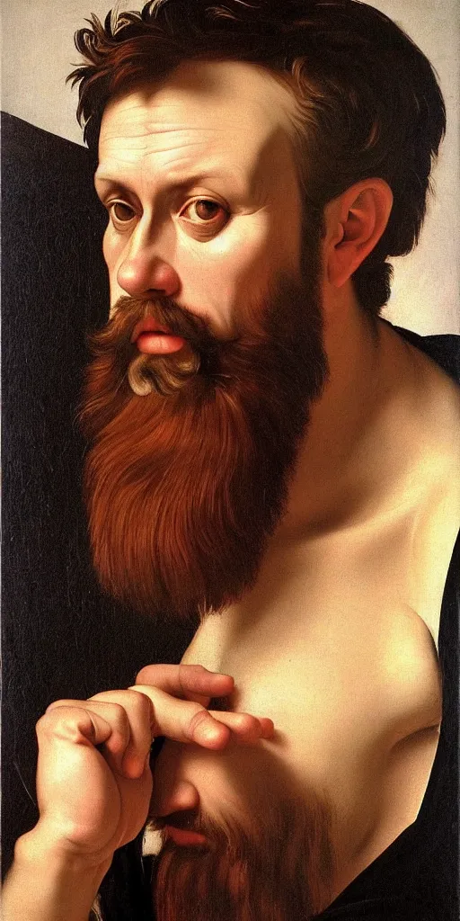 Image similar to middle-aged strong man with short light brown hair and short beard, very realistic, very detailed, 4k masterpiece, art by Caravaggio