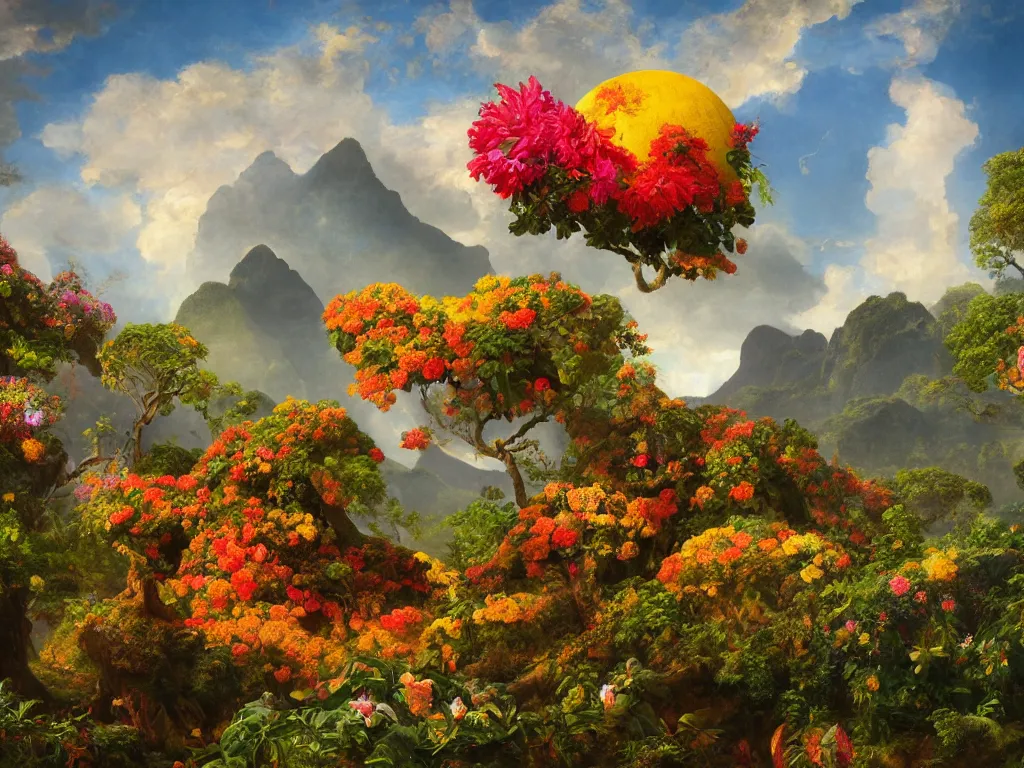 Image similar to kauai springtime, universe is a spheroid region 7 0 5 meters in diameter, sunlight study, by jan davidsz de heem and ( ( ( ( ( lisa frank ) ) ) ) ) and frederic edwin church, art nouveau, oil - painting, 3 d render, 8 k, extreme detail, sharp focus, octane render