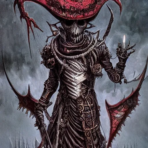 Prompt: beautiful stygian strange detailed portraitt of a male baroque steampunk one - eyed cyborg demon wearing a red tophat decorated with skulls and an arcane halo by hr giger, greg rutkowski, luis royo and wayne barlowe as a diablo, resident evil, dark souls, bloodborne monster