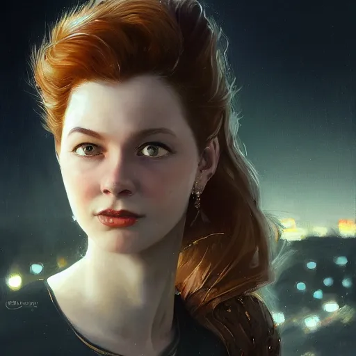 Image similar to closeup portrait of a young esme bianco, dramatic lighting, city background, night, moon, chiaroscuro, high detail, painted by greg rutkowski, painted by igor kieryluk, painted by bobby chiu, trending on artstation