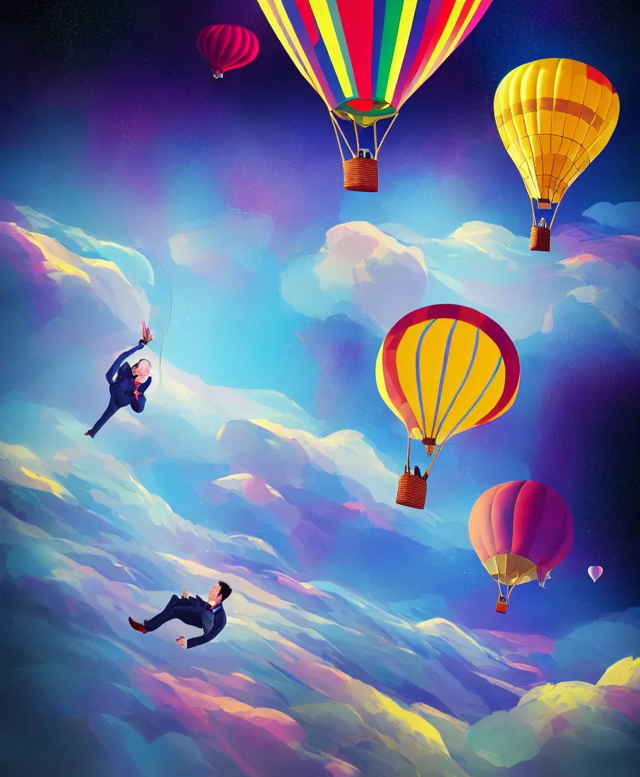 Prompt: highly detailed portrait of a single man flying in hot air balloon in the colorful space, in the style of greg rutsowski, dark background, wide angle shot, hyper realistic, concept art, 8 k detail post - processing