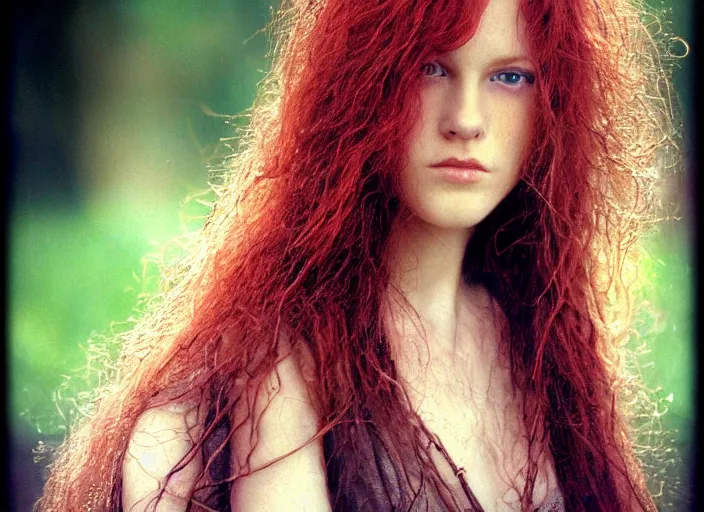 Image similar to award winning 8 5 mm close up face portrait photo of a redhead with long hair and perfect human eyes in a park by luis royo.