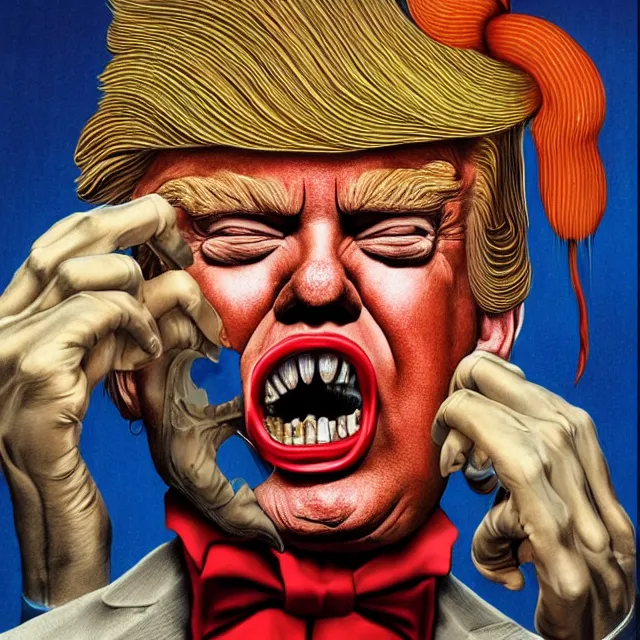 Image similar to donald trump is a disgusting clown, grotesque, horror, high details, intricate details, by vincent di fate, artgerm julie bell beeple, inking, vintage 9 0 s print, screen print