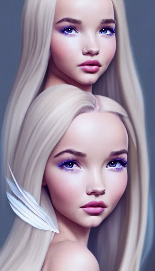 Image similar to a gorgeous female photo of a mix of dove cameron and madison beer, professionally retouched, soft lighting, wearing a feather dress, realistic, smooth face, perfect eyes, wide angle, sharp focus on eyes, 8 k high definition, insanely detailed, intricate, elegant, art by artgerm and wlop