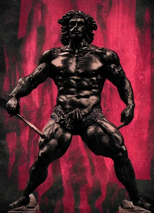 Image similar to dark design poster showing a statue of hercules, black background with very subtle red and purple design elements, powerful, nekro, guido crepax, graphic design, collage art, dark, glitch art, neo vaporwave, gritty, layout frame, square, trending on artstation