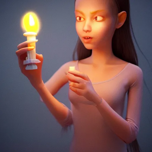 Image similar to A cute girl holding a glowing candle, fragile, soft, vray, hyperdetailed, 3d character, game character