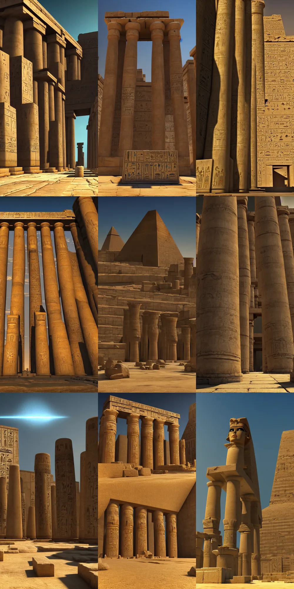 Prompt: beautiful ancient egyptian temple, photorealistic, dramatic shadows, ultrawide establishing shot, high contrast, octane render, rtx, hdr, unreal engine, widescreen 8 k, studio ghibli, pixar, disney, prince of egypt