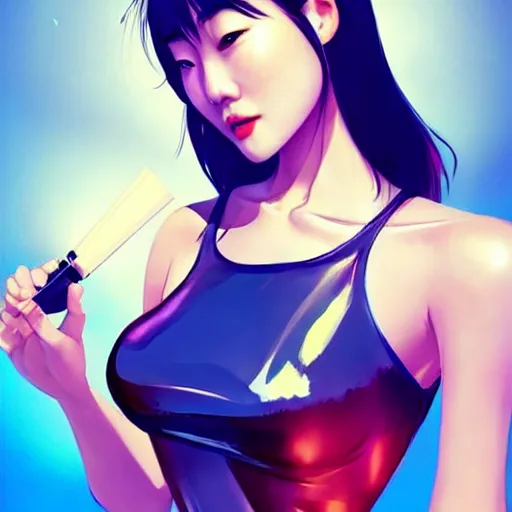 Image similar to a beautiful young korean kpop star constance wu lucy liu alluring instagram model in elaborate latex tank top, by guweiz and wlop and ilya kuvshinov and artgerm and, aesthetic, gorgeous, stunning, alluring, attractive, artstation, deviantart, pinterest, digital art