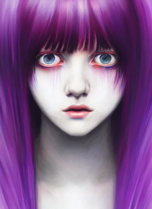 Image similar to hair whitebangs hair, black hair, whitebangs, portrait of teenage girl with white bangs, red irises, purple clothes, white bangs, bangs are different color from hair, intricate, elegant, glowing lights, highly detailed, digital painting, artstation, concept art, smooth, sharp focus, illustration, art by wlop, mars ravelo and greg rutkowski