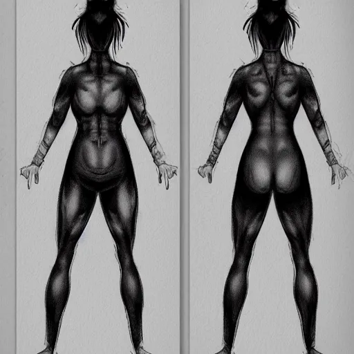 Image similar to a never before seen character, female, cute, beautiful, young, concept sketch, front and back