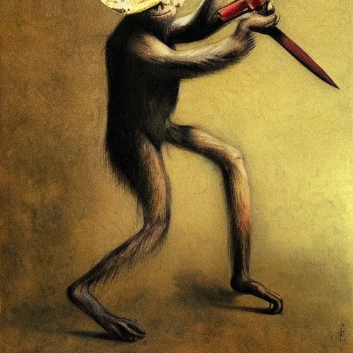 Prompt: Clever monkey with a long knife, very detailed and colorful, by Santiago Caruso, by Odd Nerdrum, by Francisco Goya, beautiful, eerie, surreal, psychedelic