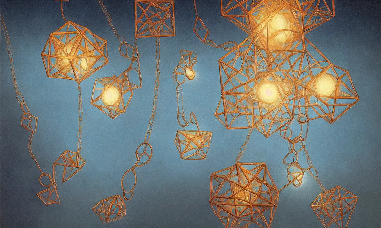 Prompt: a floating dodecahedron necklace of neon light, art by james gurney and greg rutkowski and rene magritte, surrealism by salvador dali, very detailed, high resolution, symmetry, volumetric lighting