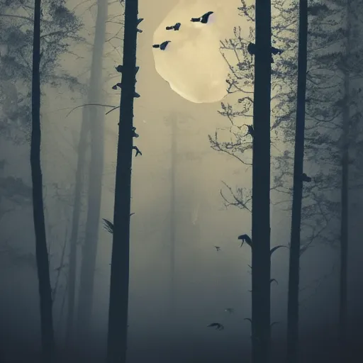 Prompt: huge owl with outstretched wings flapping flying at night through fog talons reaching for prey rabbit killing in the forest lit by the full moon fog moving through feathers