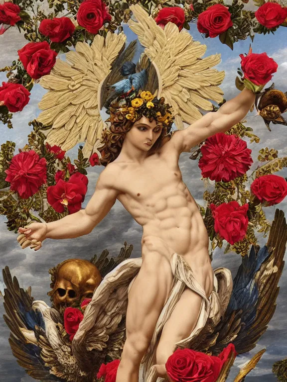Prompt: a icarus with wings in the form of a Greek sculpture and wreath of flowers, roses in hands, dressed in a flower dress, stands in the pose of a super hero on a golden stone, silk, fabric, birds, flowers. red plastic. baroque elements, human skull. full-length view. baroque element. intricate artwork by caravaggio. many many birds birds on background. Trending on artstation. halo. octane render, cinematic, hyper realism, octane render, 8k, depth of field, bokeh. iridescent accents. vibrant. teal and gold and red colour scheme
