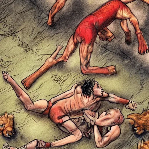 Image similar to hero wrestling against a lion in the middle of an arena, crowd of people, pencil art, added detail, high definiton, colored, aerial view