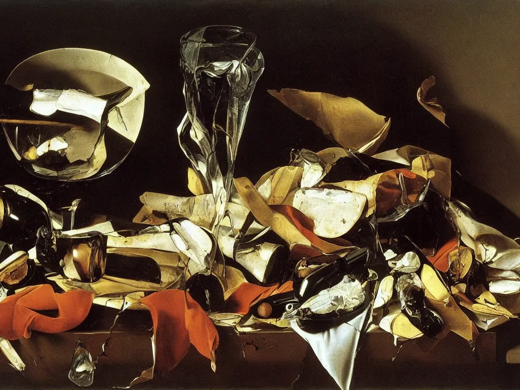 Image similar to by Michelangelo Merisi da Caravaggio Still Life with broken shattered and whole wine bottles