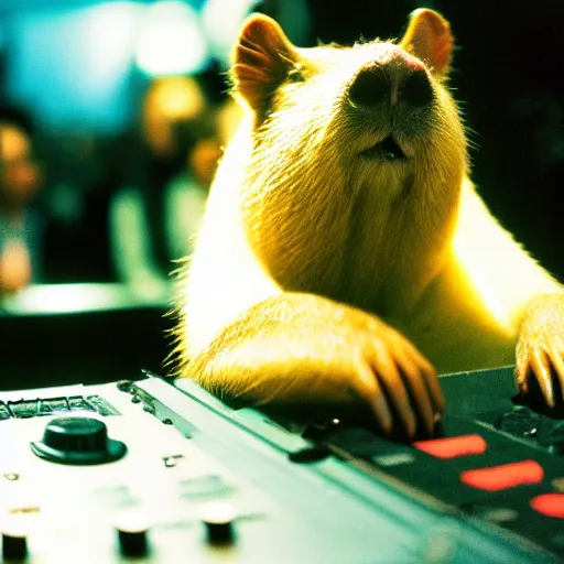 Prompt: Capybara DJing at a nightclub, HD photograph, by Michael Mann