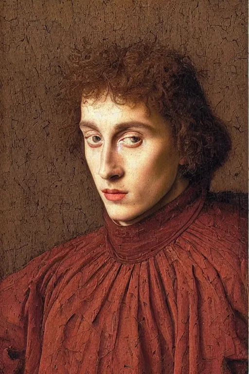 Image similar to portrait of timothee chalamet, oil painting by jan van eyck, northern renaissance art, oil on canvas, wet - on - wet technique, realistic, expressive emotions, intricate textures, illusionistic detail