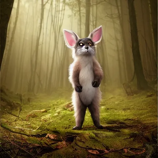 Image similar to a cute furry creature with long ears standing in a forest, michael kutsche, cinematic lighting