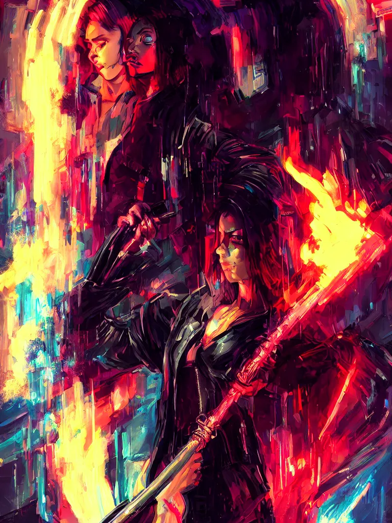 Image similar to portrait of angel with a fire sword, cyberpunk, glitchcore, synthwave art, detailed, masterpiece, trending on artstation, featured on pixiv, hd, 4 k, 8 k