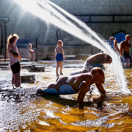 Prompt: a photograph of people diving in the waterfilled limestone quarry in gronhogen, oland, sweden, summertime, magical light