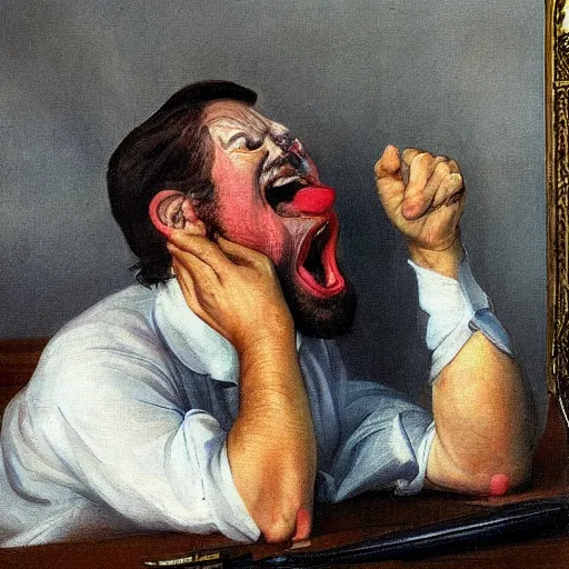 Image similar to an angry man yells at his computer monitor, oil on canvas, 1 8 8 3, highly detailed