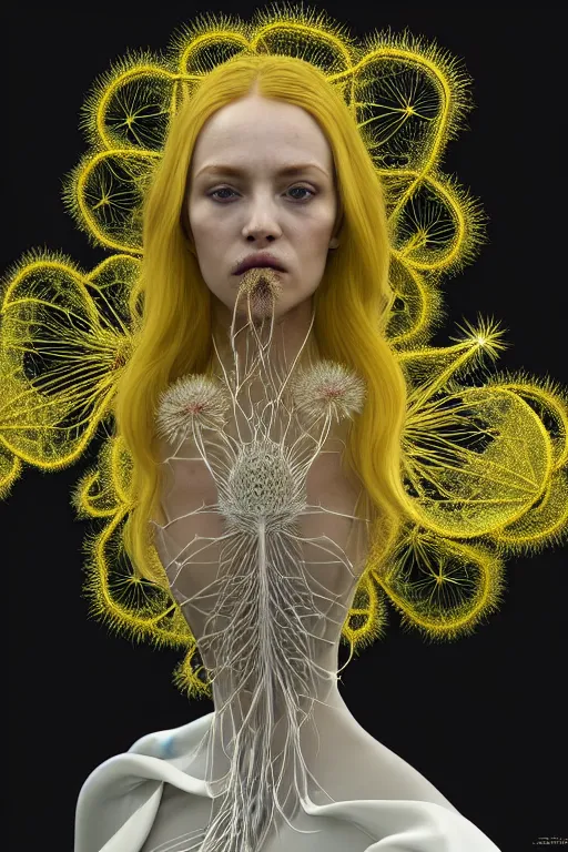 Image similar to intricate hyper detailed ultra sharp 3 d render of a witch profile portrait, 1 5 0 mm art nouveau, haute couture alexander mcqueen leaves stems dahlia transparent fractal dandelion yellow pistil filigree roots, intricate details, anatomical, flesh ornate, facial muscles, cable wires, elegant, hyper realistic, ultra detailed, octane render, volumetric cinematic lighting, 8 k post - production