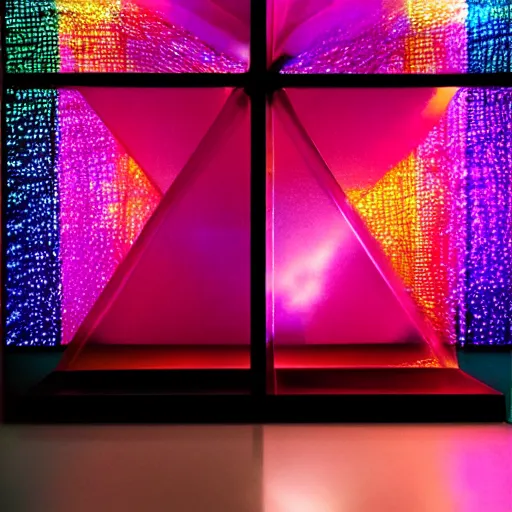 Image similar to a hypercube made of high - contrast dark polished metal brushstrokes of neon light - trails and dichroic paintings