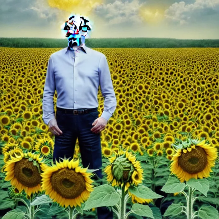 Prompt: photo portrait of Putin in sunflower field, dressed in leisure shirt with ornamental ethereal sunflower pattern, natural skin tone, raging war and explosions in the background, face is naturally detailed, elegant, Realistic, Refined, Highly Detailed, natural soft pastel lighting colors scheme, fine art photography by Cecil Beaton, volumetric lighting, hyper realistic photography