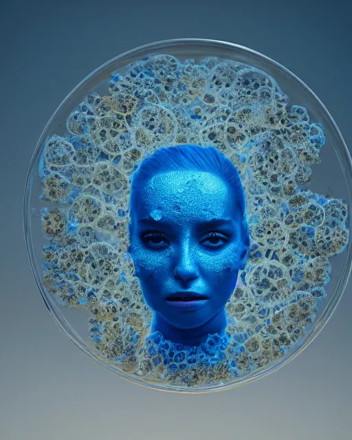 Image similar to natural light, soft focus photo of petri dish with a bacteriological culture and mold with little filaments under the microscope, octane render, tilt shift, polaeized light, blue bioluminescent plastics, smooth shiny metal, elaborate ornate head piece, piercings, skin textures, by annie leibovitz, paul lehr