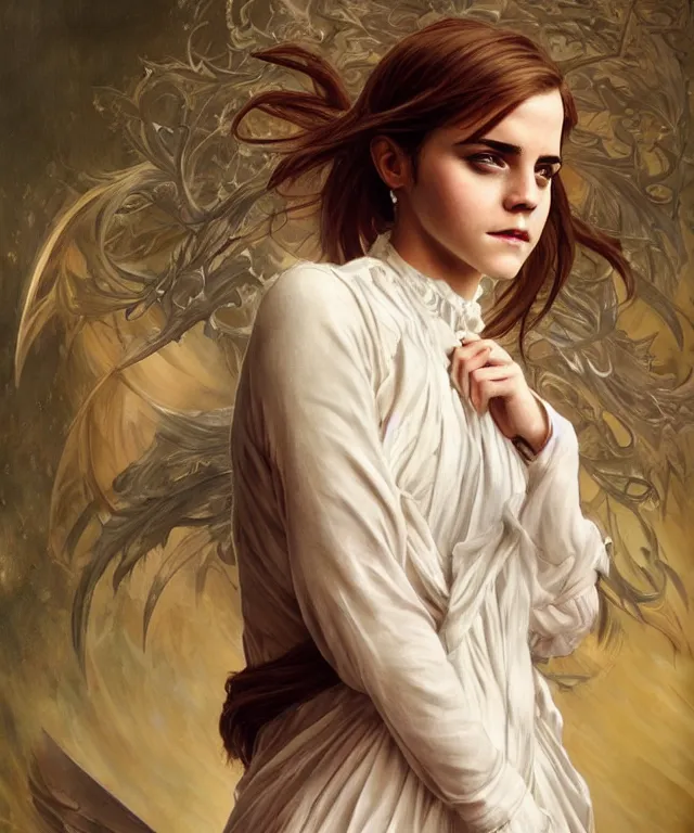 Image similar to Emma Watson as Lucifer morningstar, highly detailed, digital painting, artstation, concept art, smooth, sharp focus, illustration, ArtStation, art by artgerm and greg rutkowski and alphonse mucha and J. C. Leyendecker and Edmund Blair Leighton and Katsuhiro Otomo and Geof Darrow and Phil hale and Ashley wood and Ilya repin and Charlie Bowater