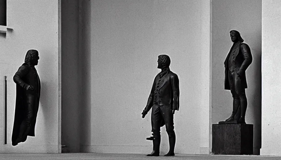 Prompt: 1 9 7 0 s movie still of a headless robespierre, on a great neoclassical square, cinestill 8 0 0 t 3 5 mm, high quality, heavy grain, high detail, cinematic composition, dramatic light, anamorphic, ultra wide lens, hyperrealistic