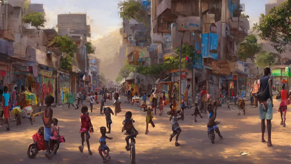 Image similar to street in a big african city, kids playing, summer, david febland, artstation, matte painting