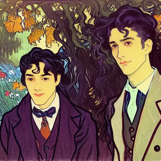 Image similar to painting of young cute handsome beautiful dark medium wavy hair man in his 2 0 s named shadow taehyung and cute handsome beautiful min - jun together at the graveyard party, ghostly, haunted graveyard, ghosts, autumn! colors, elegant, wearing suits!, clothes!, delicate facial features, art by alphonse mucha, vincent van gogh, egon schiele