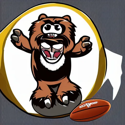 Prompt: A team mascot bear holding a rugby ball, fierce, angry, hairy, vector, vectorised, professional graphic design