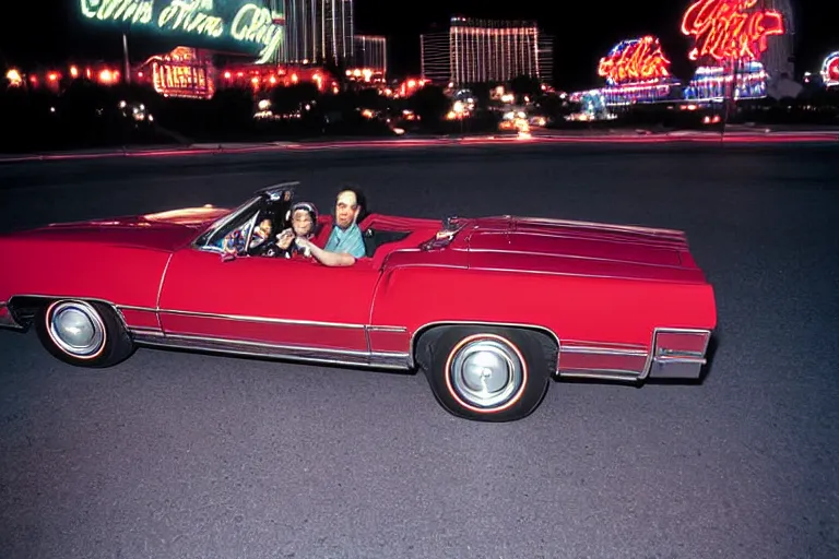 Image similar to Color photograph of Chuck Berry behind the wheel of a red convertible 1968 Converible Eldorado with a white interior on the Las Vegas Strip at night, award winning photograph by Annie Liebowitz and Herman Leonard