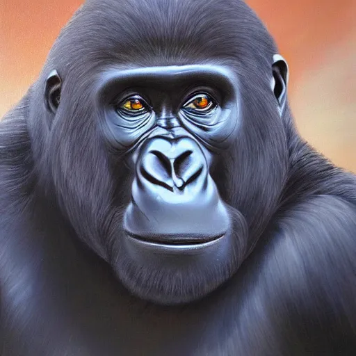 Image similar to a painting of a gorilla, cinematic lighting, hyper realistic painting