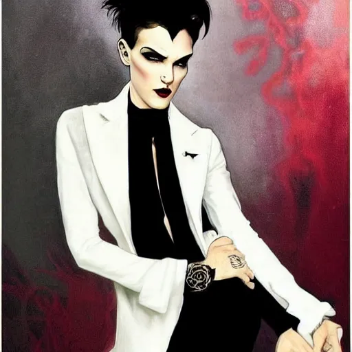 Image similar to stunning portrait of androgynous ruby rose as desire from sandman in a white tuxedo!!!, rockabilly style, by frank moth, by alphonse mucha, by jeremy mann, by peter lindbergh, dave mckean, white suit and black tie, soft lightning, high detailed, 8 k