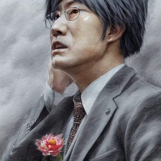 Image similar to dynamic composition, motion, ultra-detailed, incredibly detailed, a lot of details, amazing fine details and brush strokes, colorful and grayish palette, smooth, HD semirealistic anime CG concept art digital painting, watercolor oil painting of a man in suit, by a Chinese artist at ArtStation, by Huang Guangjian, Fenghua Zhong, Ruan Jia, Xin Jin and Wei Chang. Realistic artwork of a Chinese videogame, gradients, gentle an harmonic grayish colors.