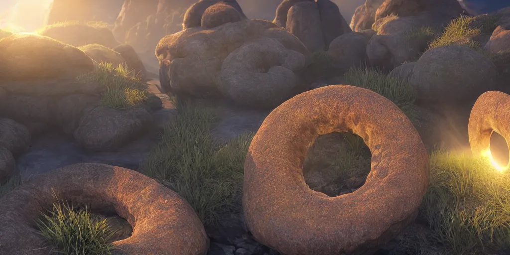 Image similar to epic landscape, rock shaped in the form of a doughnut with sunlight coming through, 8 k uhd, unreal engine, octane render in the artstyle of kuindzhi