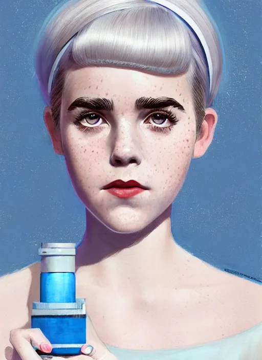 Image similar to portrait of kiernan shipka with freckles, white hair, big 1 9 6 0 s bob hairstyle with bangs and hairband, blue 1 9 6 0 s dress, intricate, elegant, glowing lights, highly detailed, digital painting, artstation, concept art, smooth, sharp focus, illustration, art by wlop, mars ravelo and greg rutkowski