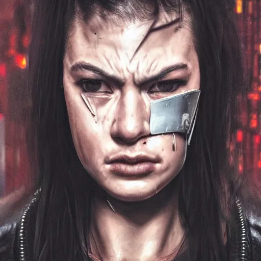 Image similar to closeup portrait of an angry woman looking at the camera and wearing a mask in the style of stefan kostic, realistic, cyberpunk, leather jacket, mask, nighttime, rain storm, body shot, sharp focus, 8 k high definition, insanely detailed, intricate, elegant, art by stanley lau and artgerm, floating embers
