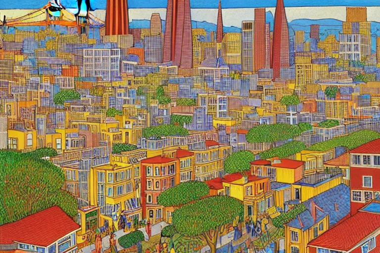 Image similar to a realistic San-Francisco cityscape, from the roof, tall terrace, hills, Golden Gate, houses, parks, and hell bursting by Louis Wain (1920), golden ratio, sharp linework, clean strokes, sharp edges, flat colors, cell shaded by moebius, Jean Giraud, trending on artstation