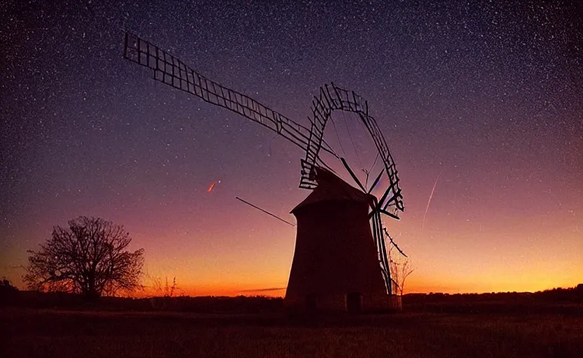 Image similar to “ sunset windmill with meteor shower in the background, cinematic, award winning ”